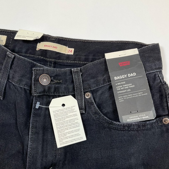 Levis Baggy Dad Distressed Straight Leg Mid Rise Jeans 24 x 30 Rake It Up Black - Picture 6 of 7